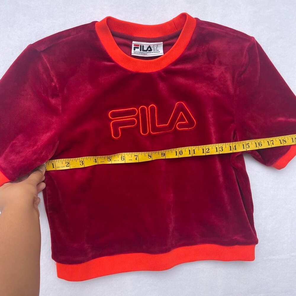 FILA Red Orange Fuzzy Velour Cropped Sweater Shirt Sz M Spring Athleisure Summer - Picture 4 of 5